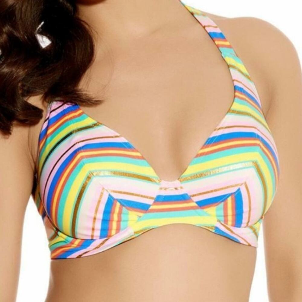 Freya Halter Bikini Top 34DD Beach Candy Stripe Pastel Gold Swim Bathing NEW
